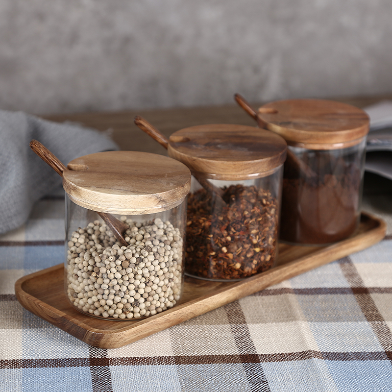 borosilicate glass seasoning pot with bamboo/acacia lid and tray