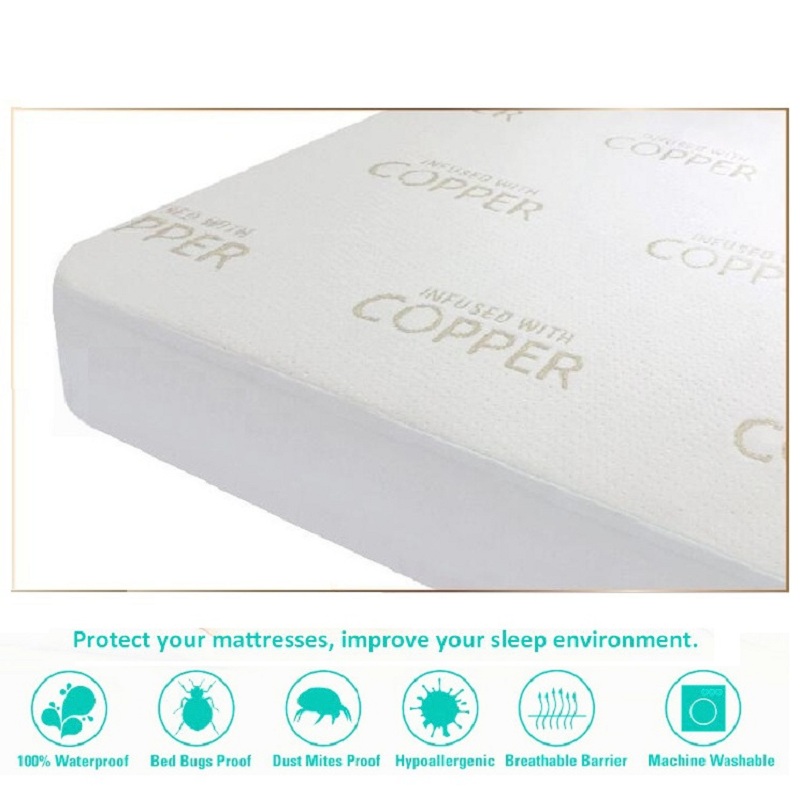 Copper infused anti-bacterial jacquard style knitted air layer mattress protector