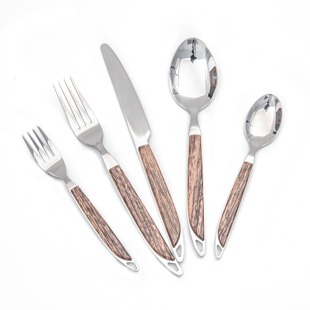 Stainless steel cutlery set with ABS wooden plastic handle