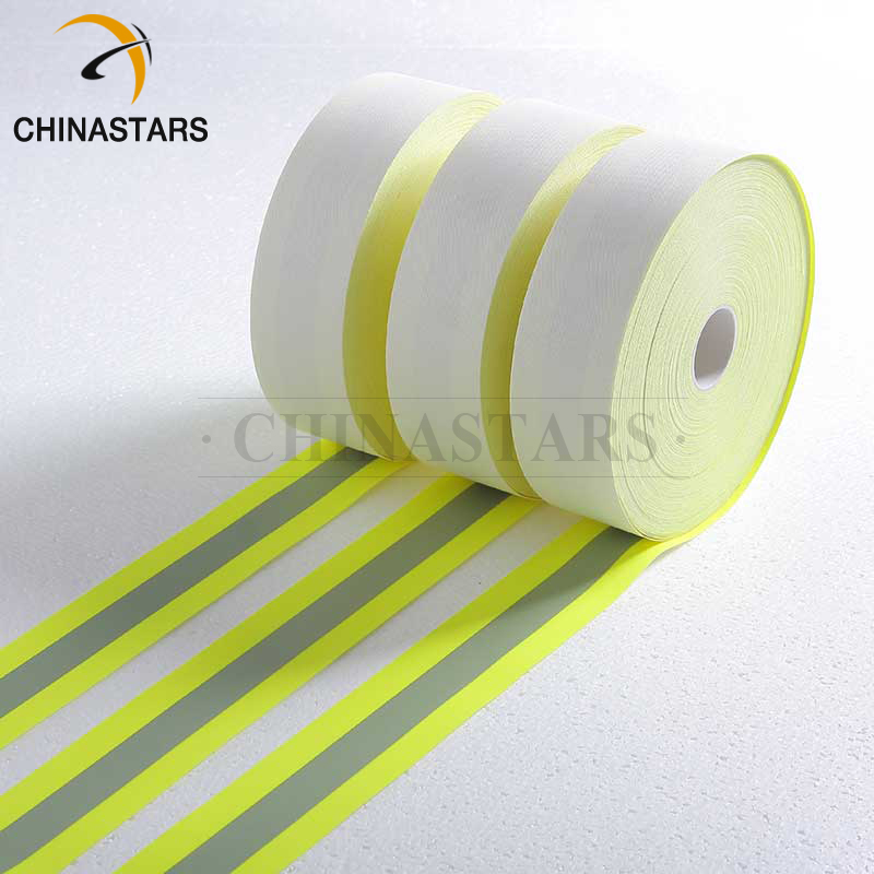 Wholesale cotton backing yellow-silver-yellow flame retardant reflective fabric sew on tape for firefighter clothing