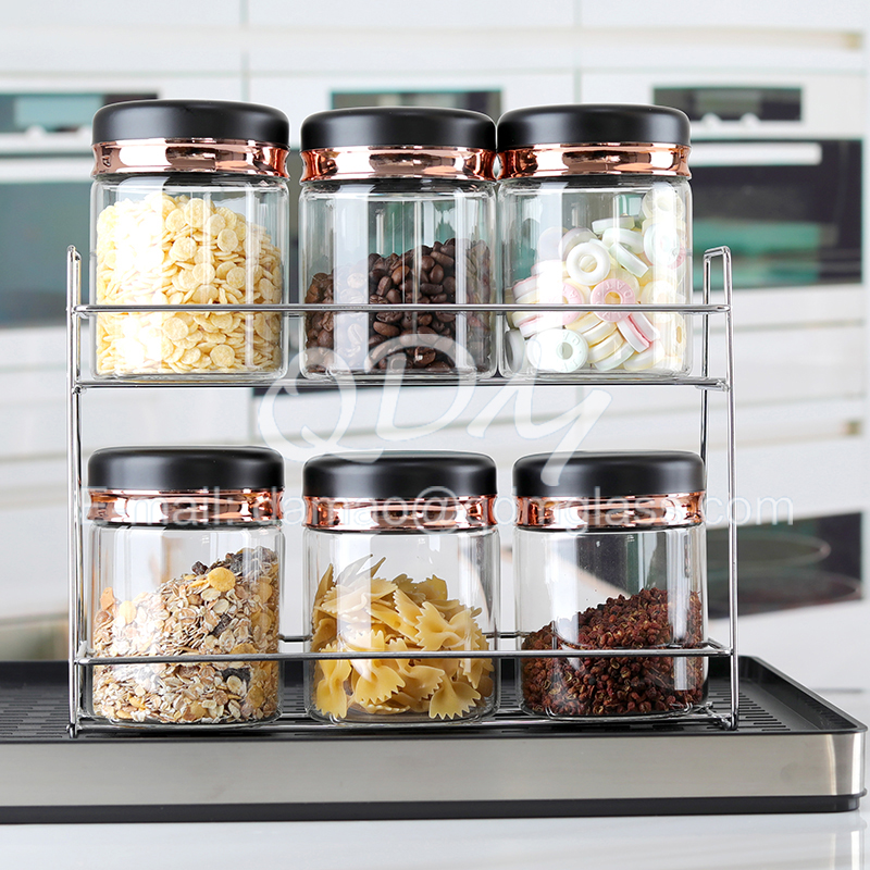 Set of 6 borosilicate glass canister and spice jar with metal stand