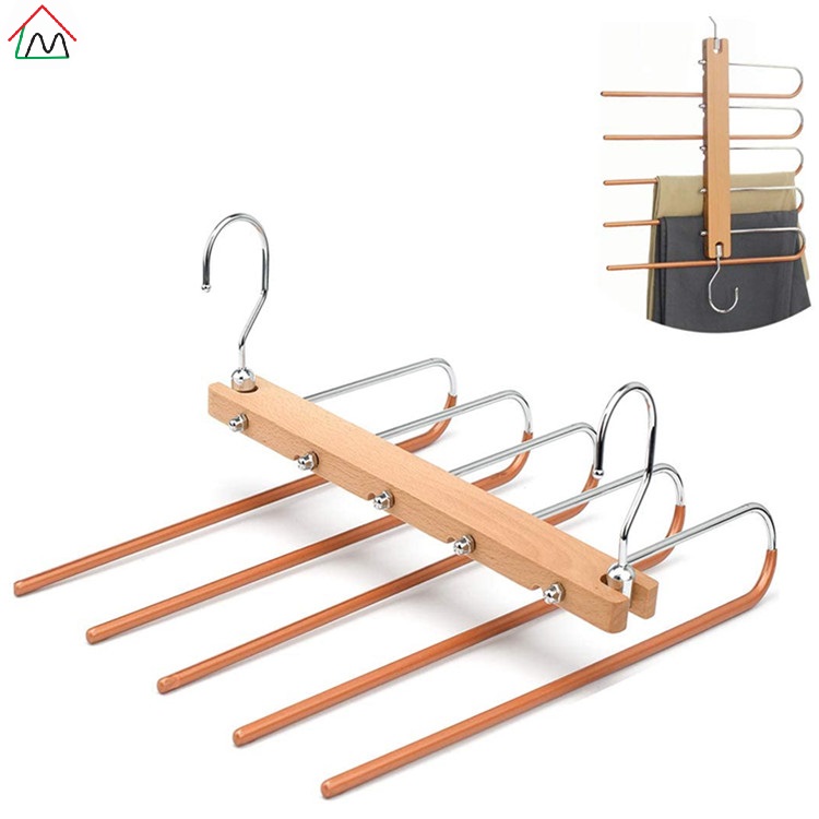 Multi-functional solid wooden and PVC coated non-slip metal pants storage hanger