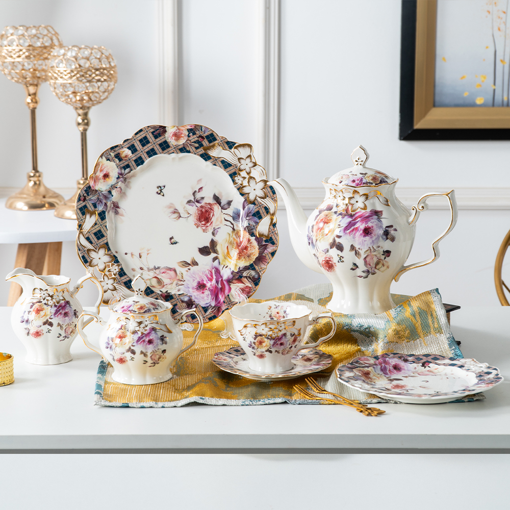 Embossed modern new bone china fancy cup flower 24pcs coffee tea set porcelain