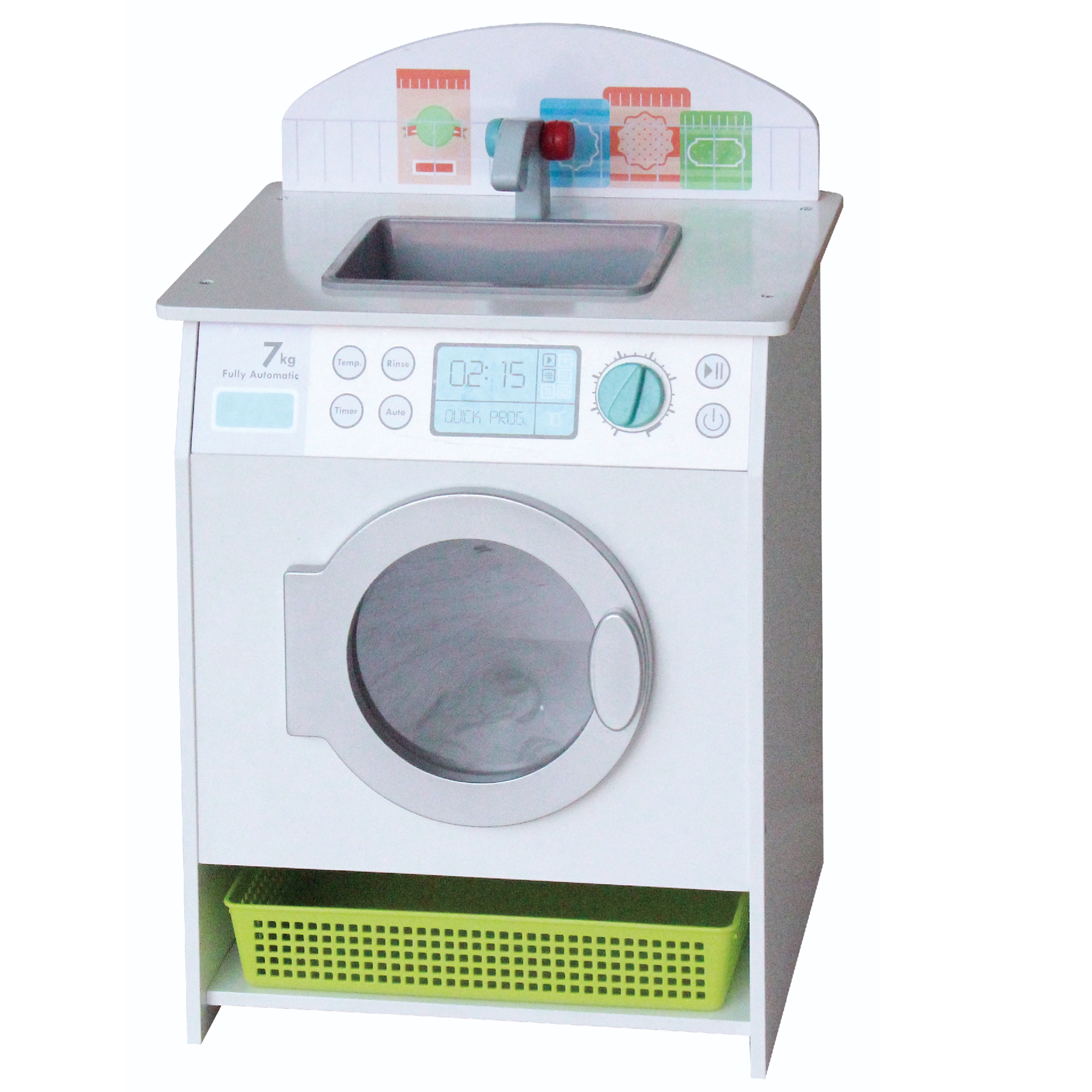 White washer with sink and plastic washer basket wooden pretend toy