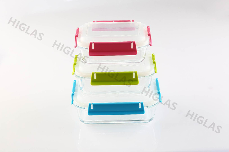 1.3l/0.8l/0.55l Rect. Borsilicate Glass Food Container With Colorful Pp Lid