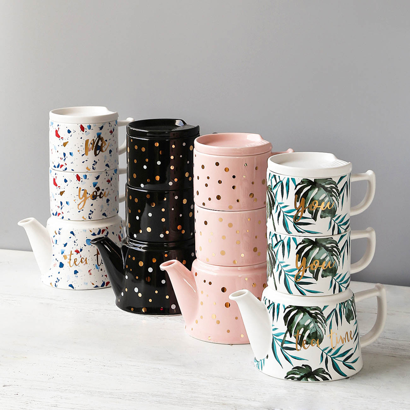 Ceramic teapot teacup filter set household simple Nordic office teapot two cups stacked pot Mini