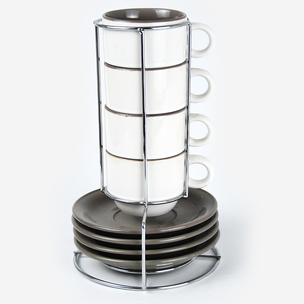 4pcs 5oz ceramic cup & 4pcs saucer set with 2-tone glaze & iron stand