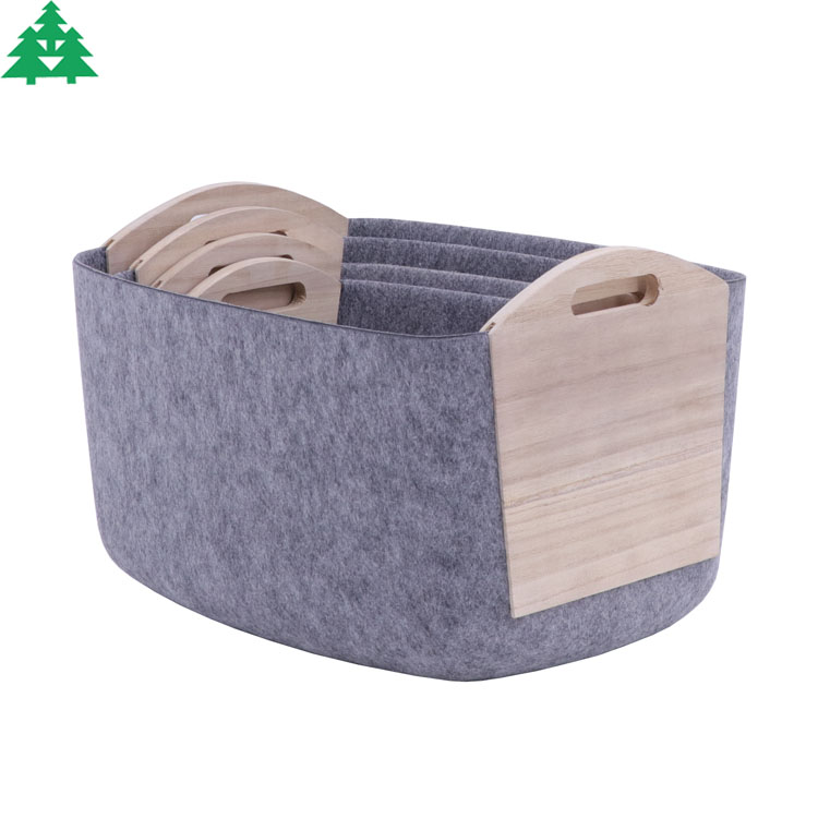 Mold felt basket with wood, S/4