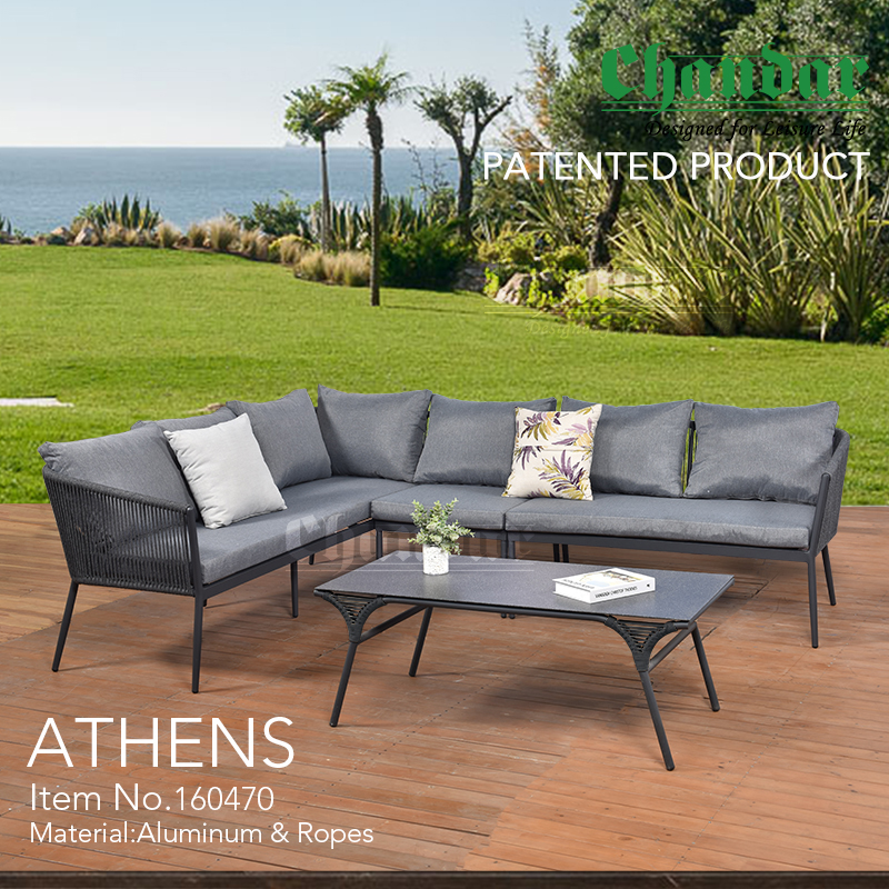 Outdoor furniture Athens Sectional Sofa in Aluminium with Rope & Waterproof Cushion Garden set Corner Sofa