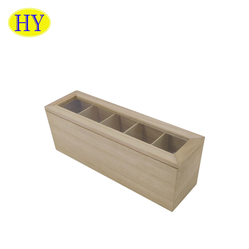 custom natural unfinished wooden tea box with glass lid