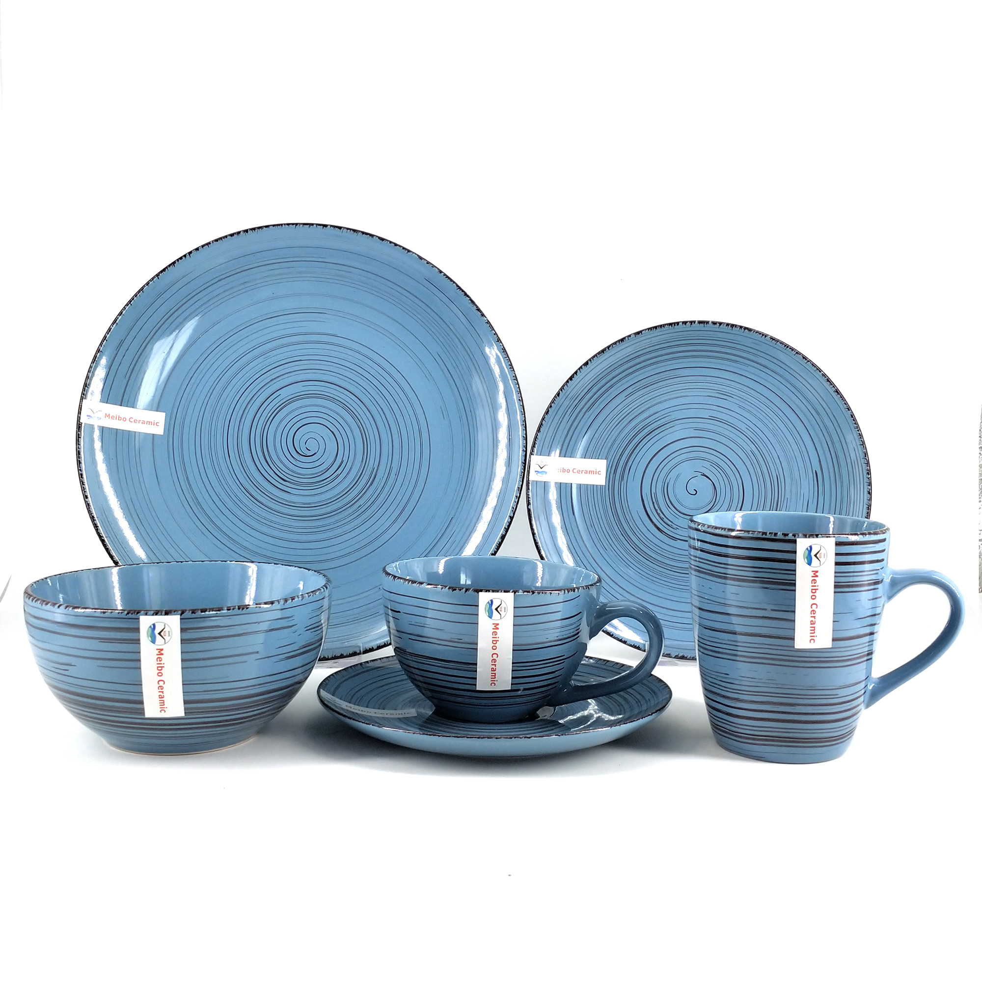Blue stoneware solid color glazed with retro rim 30pcs dinner set