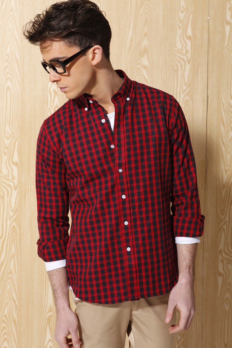 mens shirt woven yarn dyed collar down long sleeve business/casual