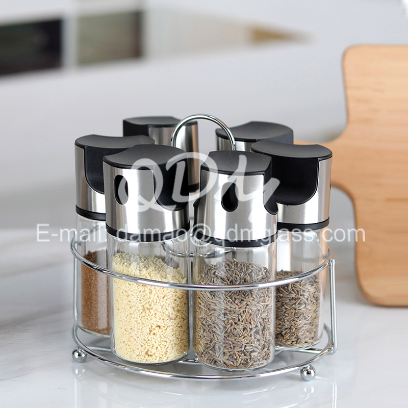 Set of 6pcs borosilicate glass spice jar with metal lid and stand in color box