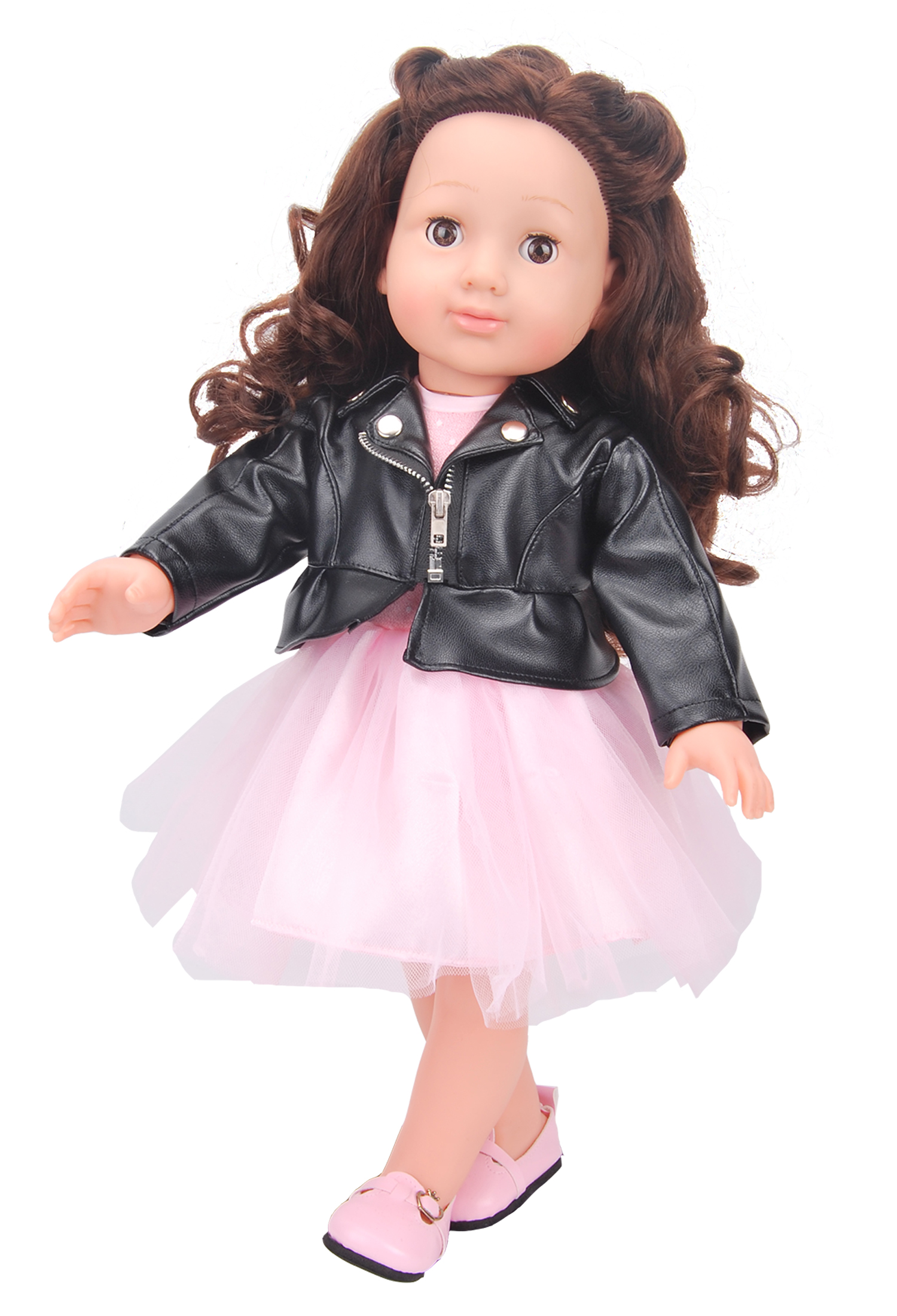 18 inch fashion girl doll - pink dress and black leather coat