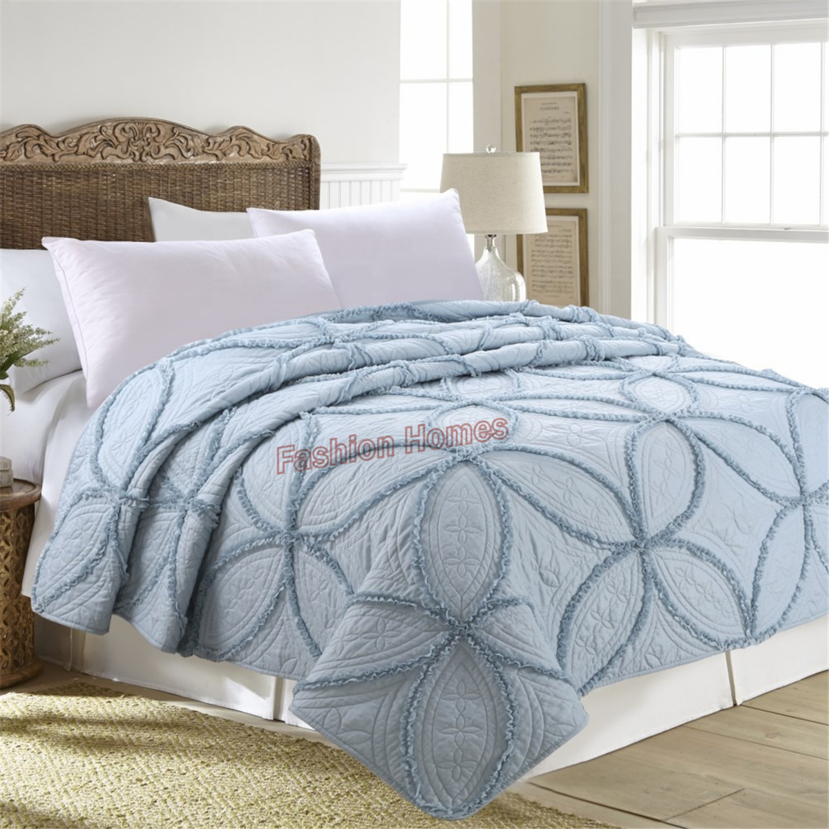 3pcs Ruffle Embroidery Quilt