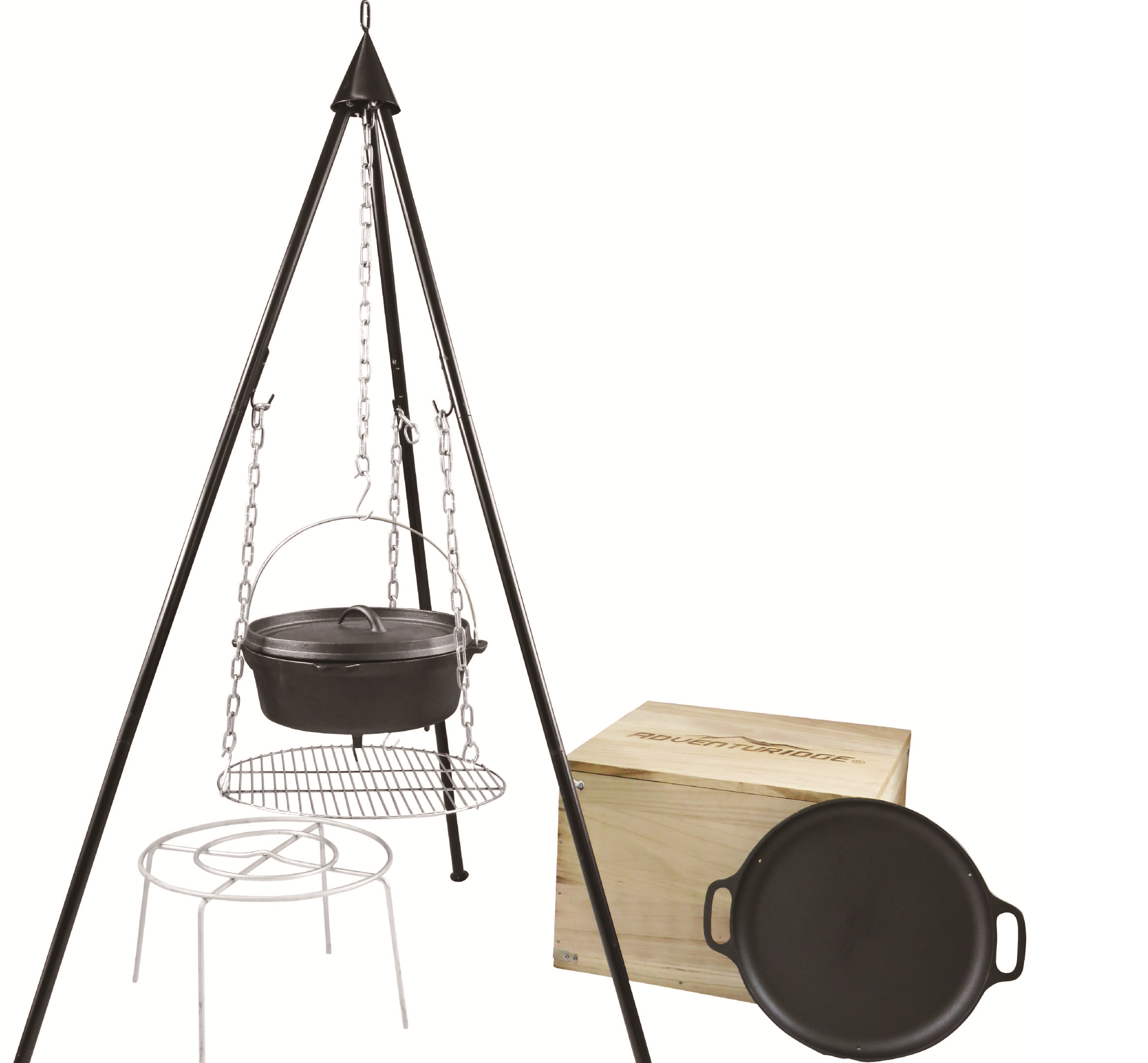 cast iron camping tripod with dutch oven set in wood box