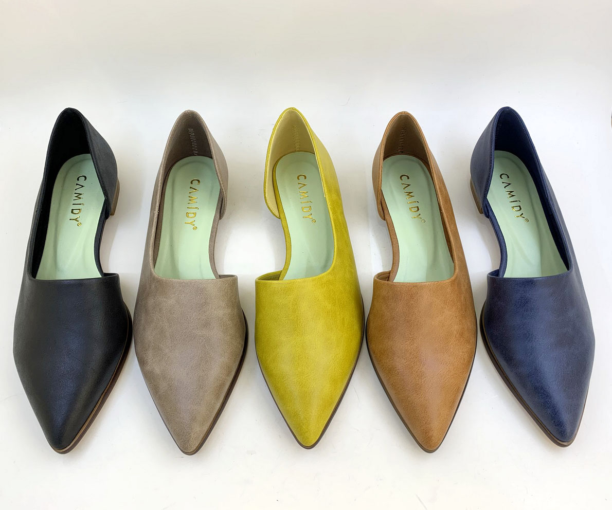 CAMIDY Women‘s pointed shoes casual flat low-heeled PU shoes