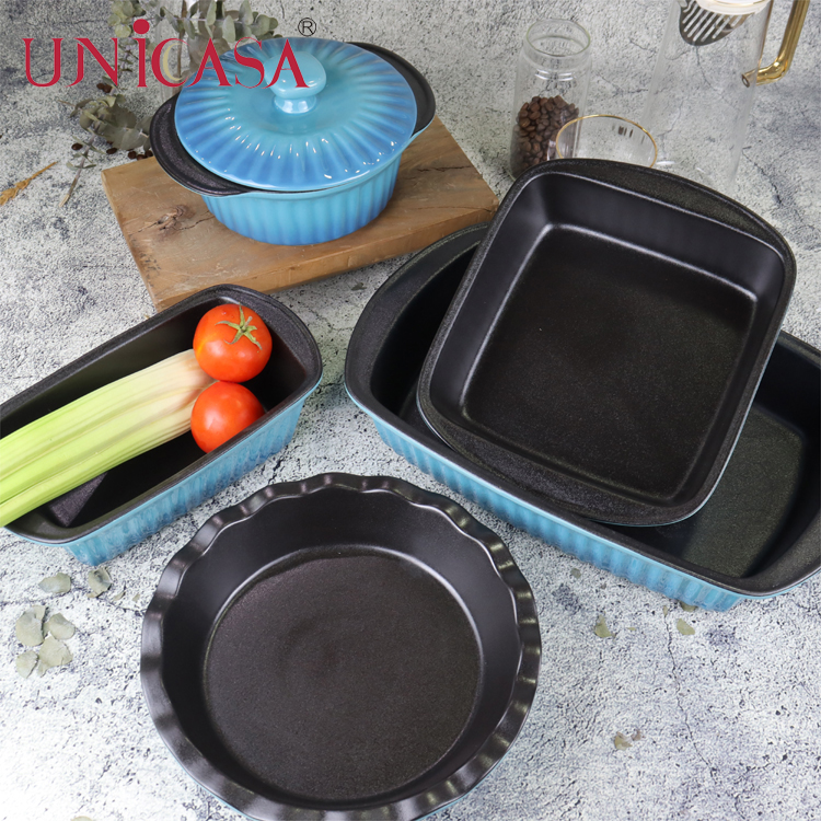 6-Piece Stoneware Ceramic Bakeware Set Covered Casserole Dish Ramkin loaf pan square baker rectangular baker