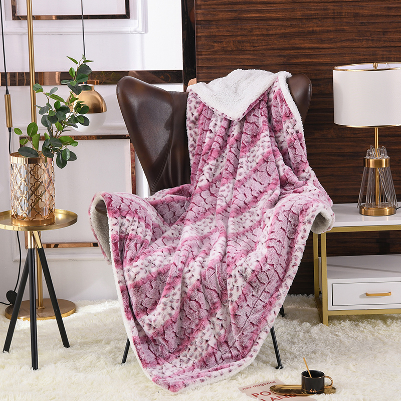 Carved print rabbit fleece with sherpa reverse blanket
