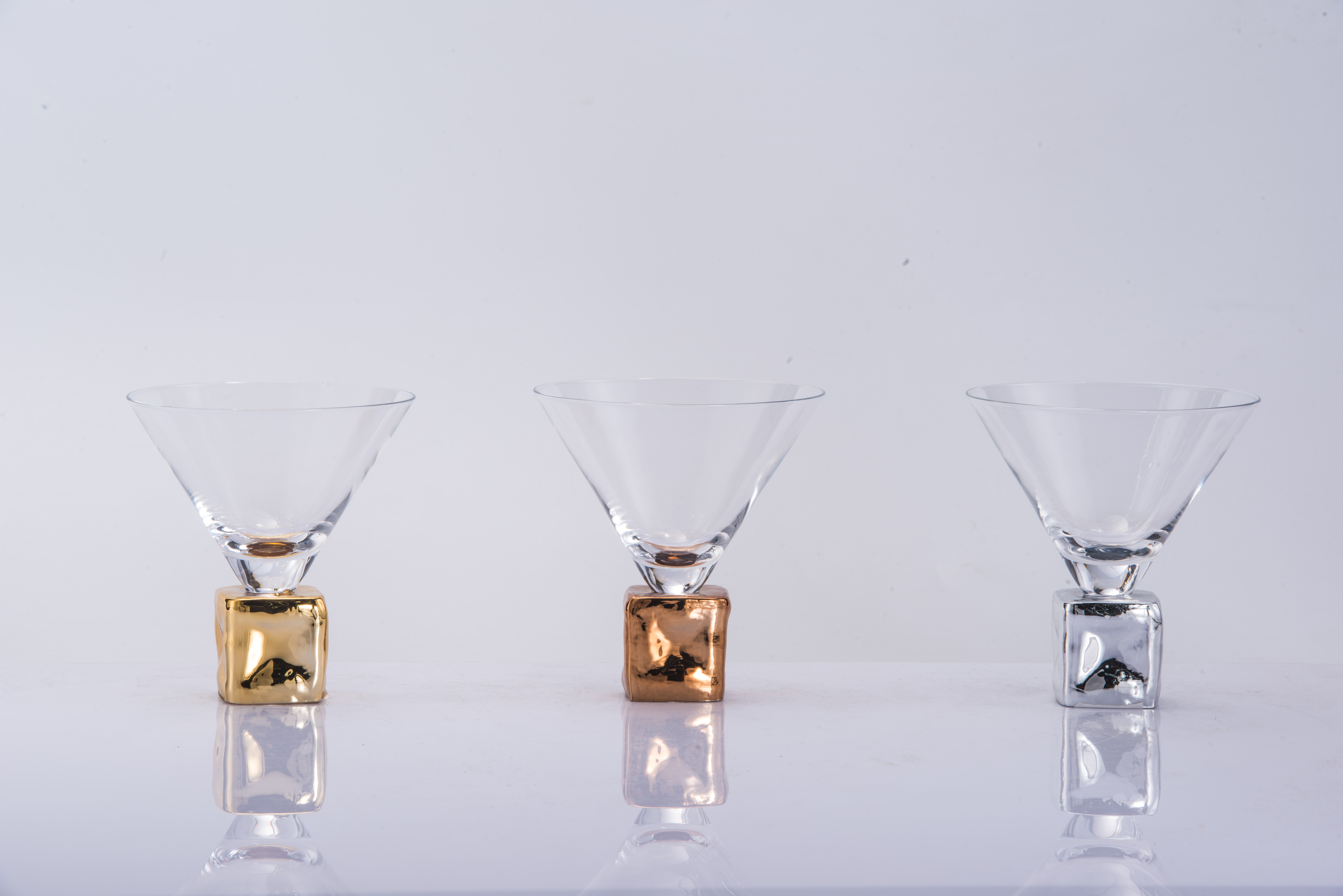 Plated square stemmed martini glasses