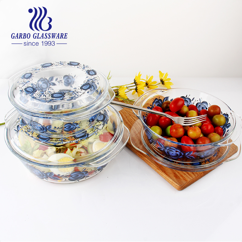 In stock customized printing logo pyrex glass casserole with lid