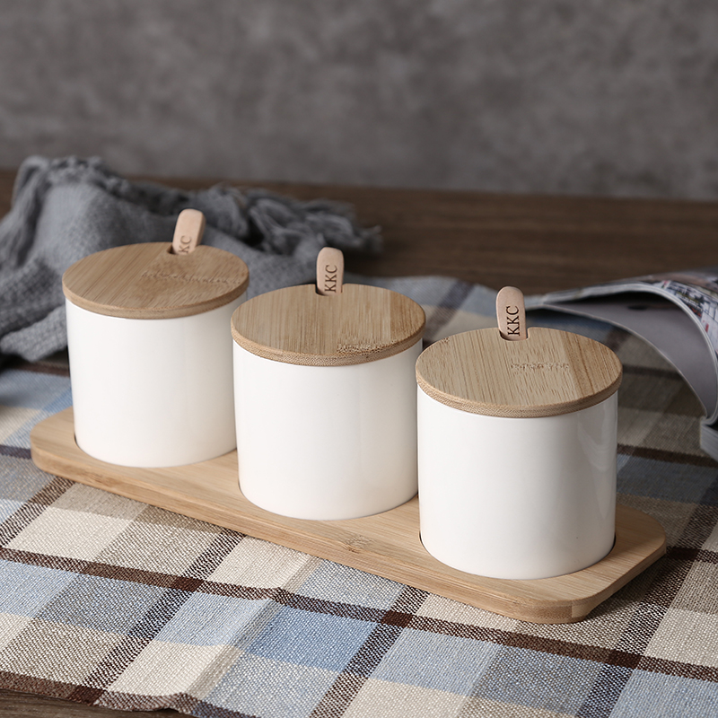 ceramic seasoning pot with bamboo tray