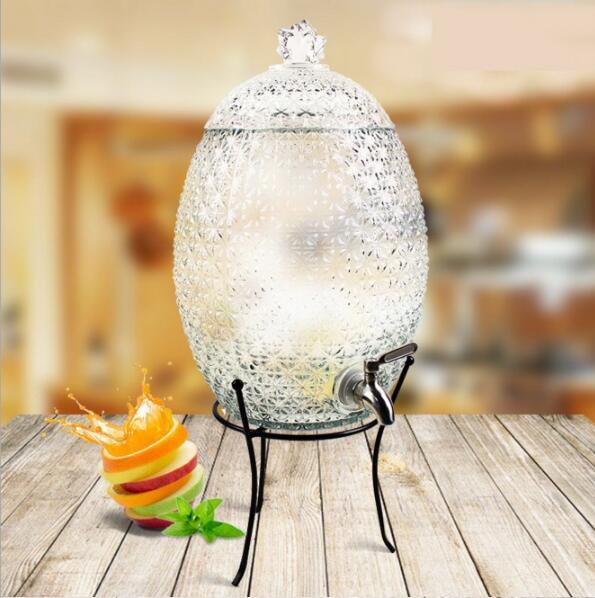 10L Pineapple shaped Glass Beverage Dispenser with tap Glass Cold Drinks ,Water Dispenser With Metal Stand