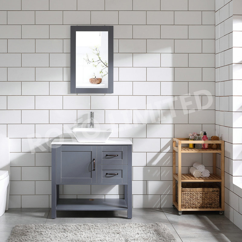 30" Grey Bathroom Vanity Sink Combo Marble Pattern Top w/Mirror Faucet&Drain Set