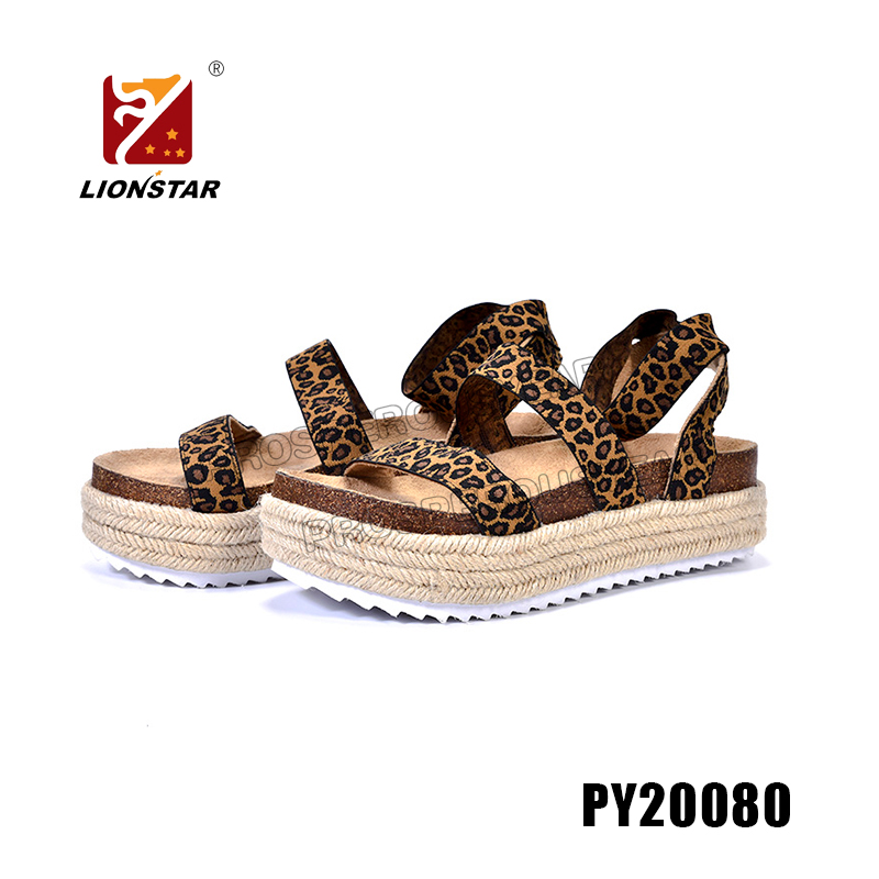 Fashion Elastic Gore Women PVC Cork Straw Wedge Sandal