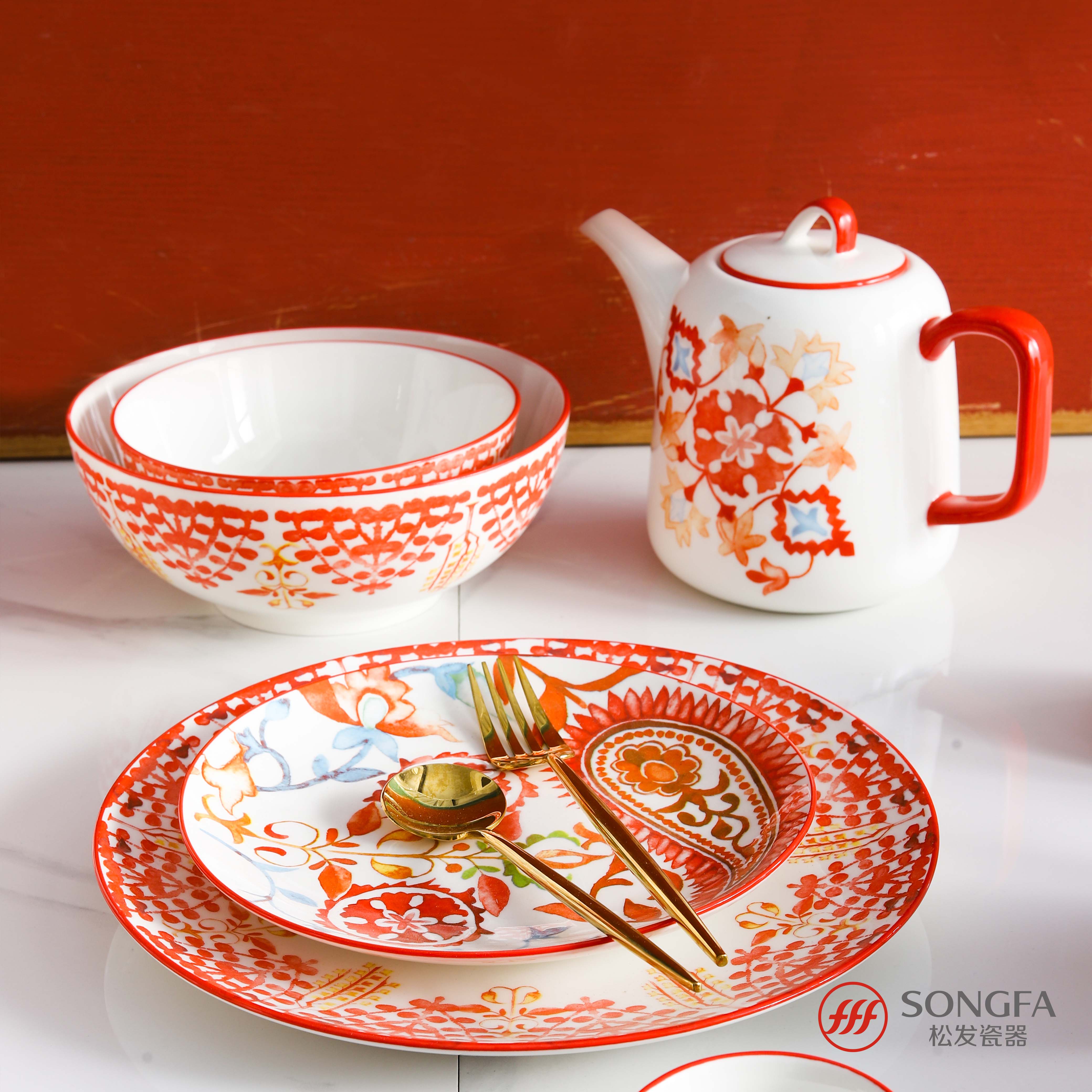 Songfa Bohemian decorative style ceramic dinnerware set (Plates, bowls,mugs, canister)
