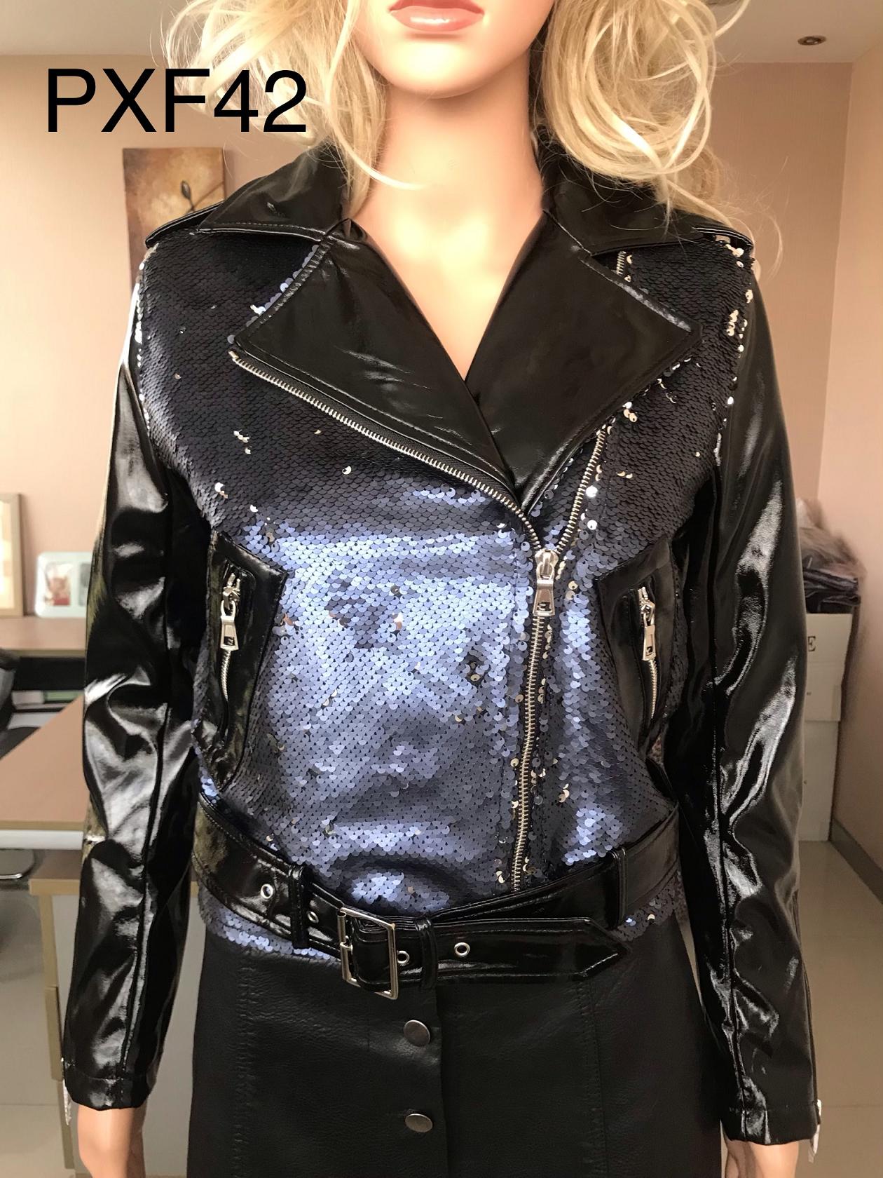 Ladies Print Embroider With Sequins Pu Jacket
