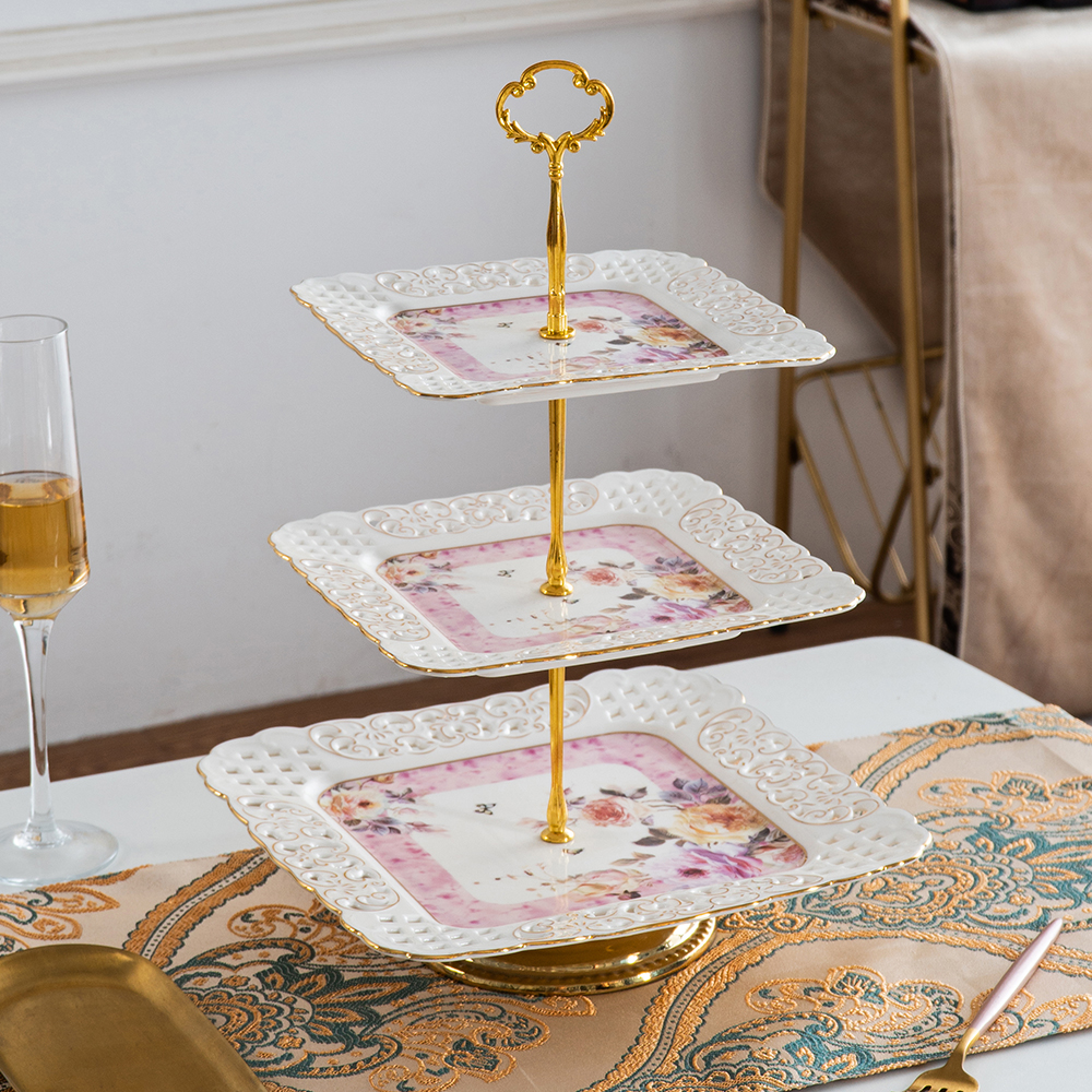 Restaurant used 3 layers desert plates custom pattern ceramic cake stand