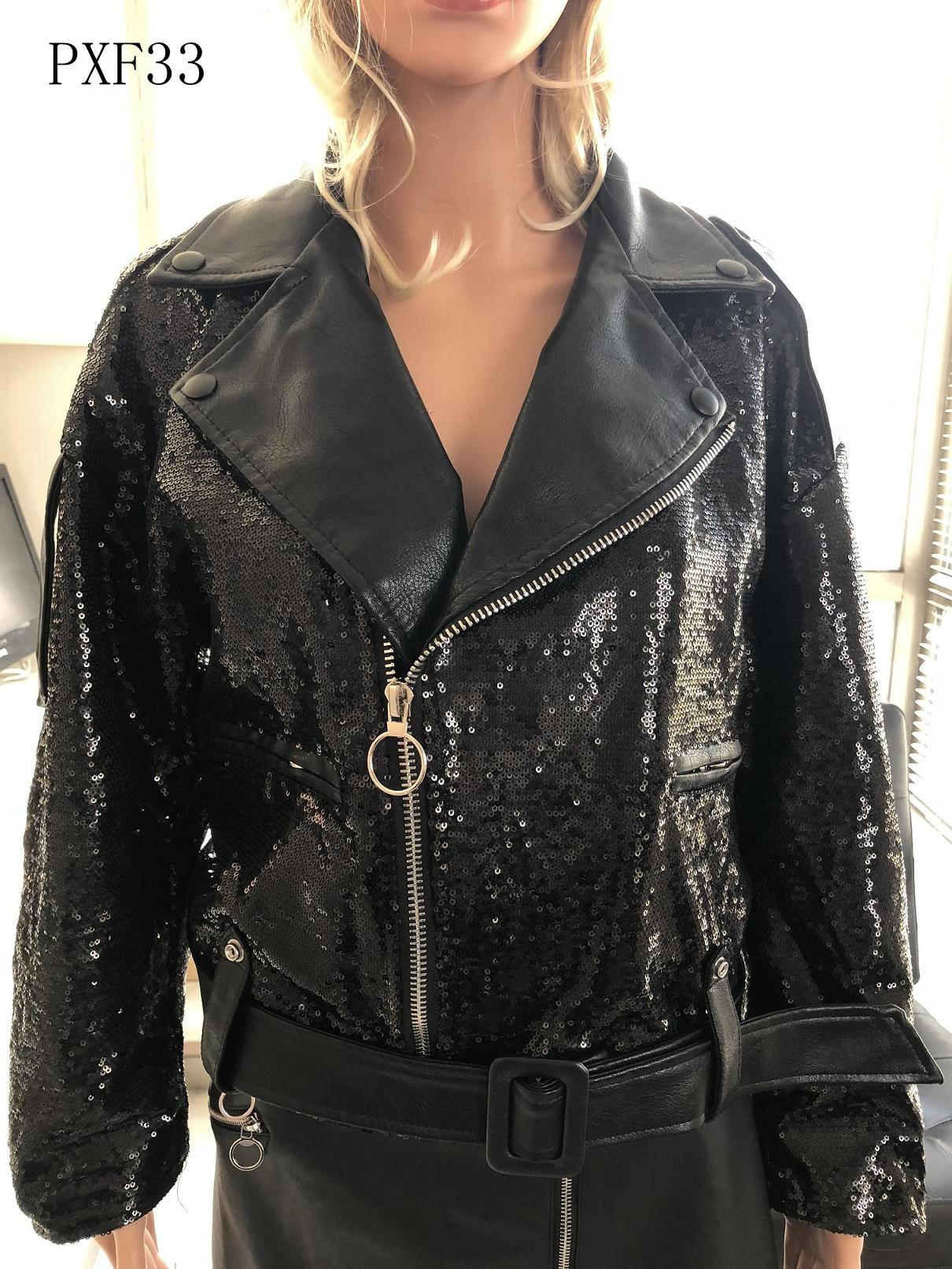 Ladies Print Embroider With Sequins Pu Jacket