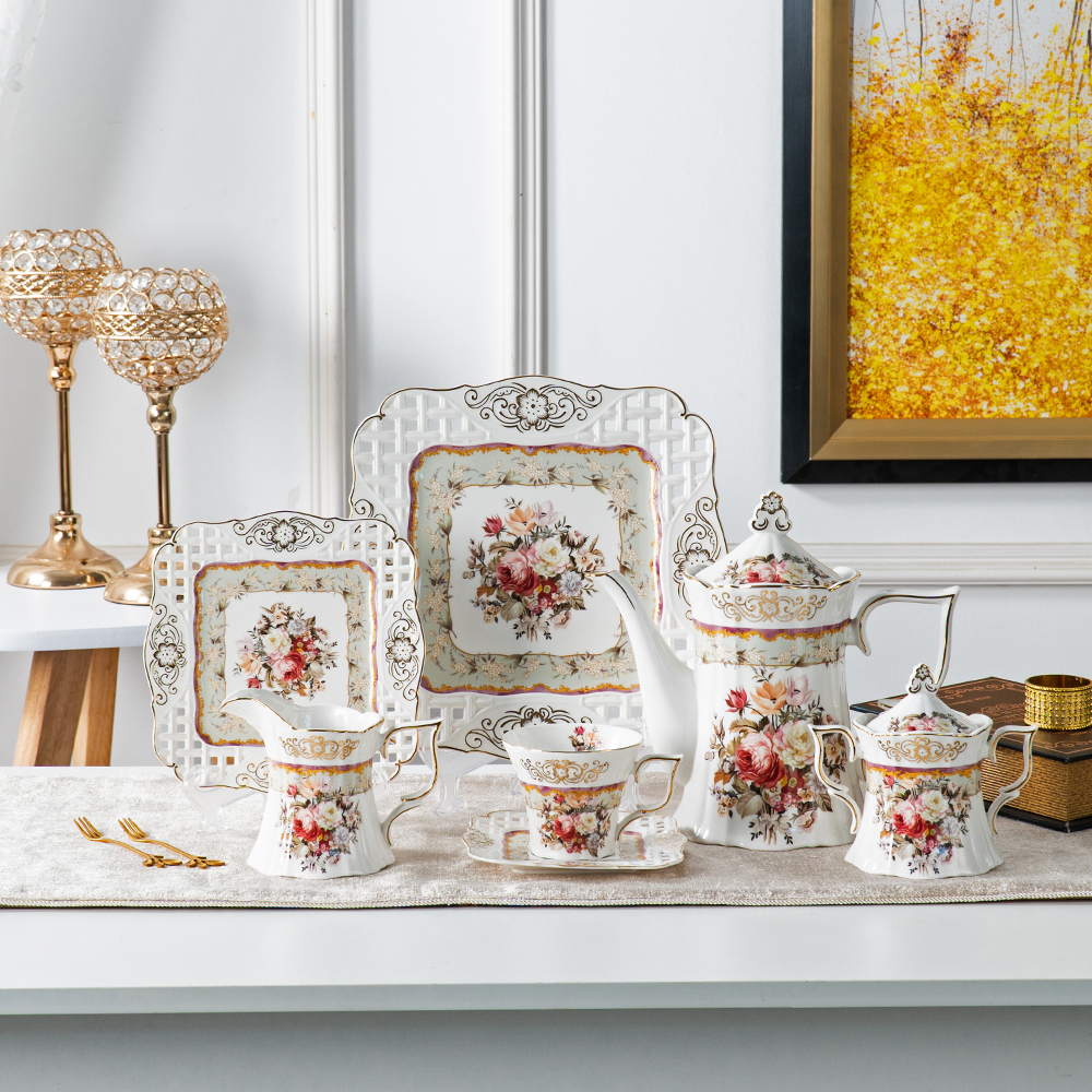 Embossed modern new bone china fancy cup flower 24pcs coffee tea set porcelain