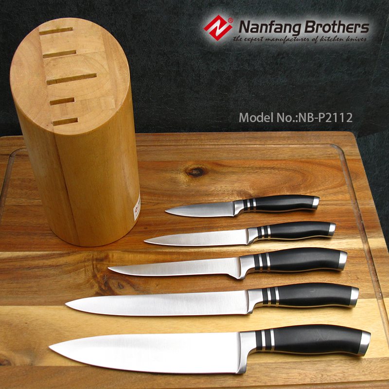 5-piece kitchen knives set with Rubber wood block & ABS forged handle.