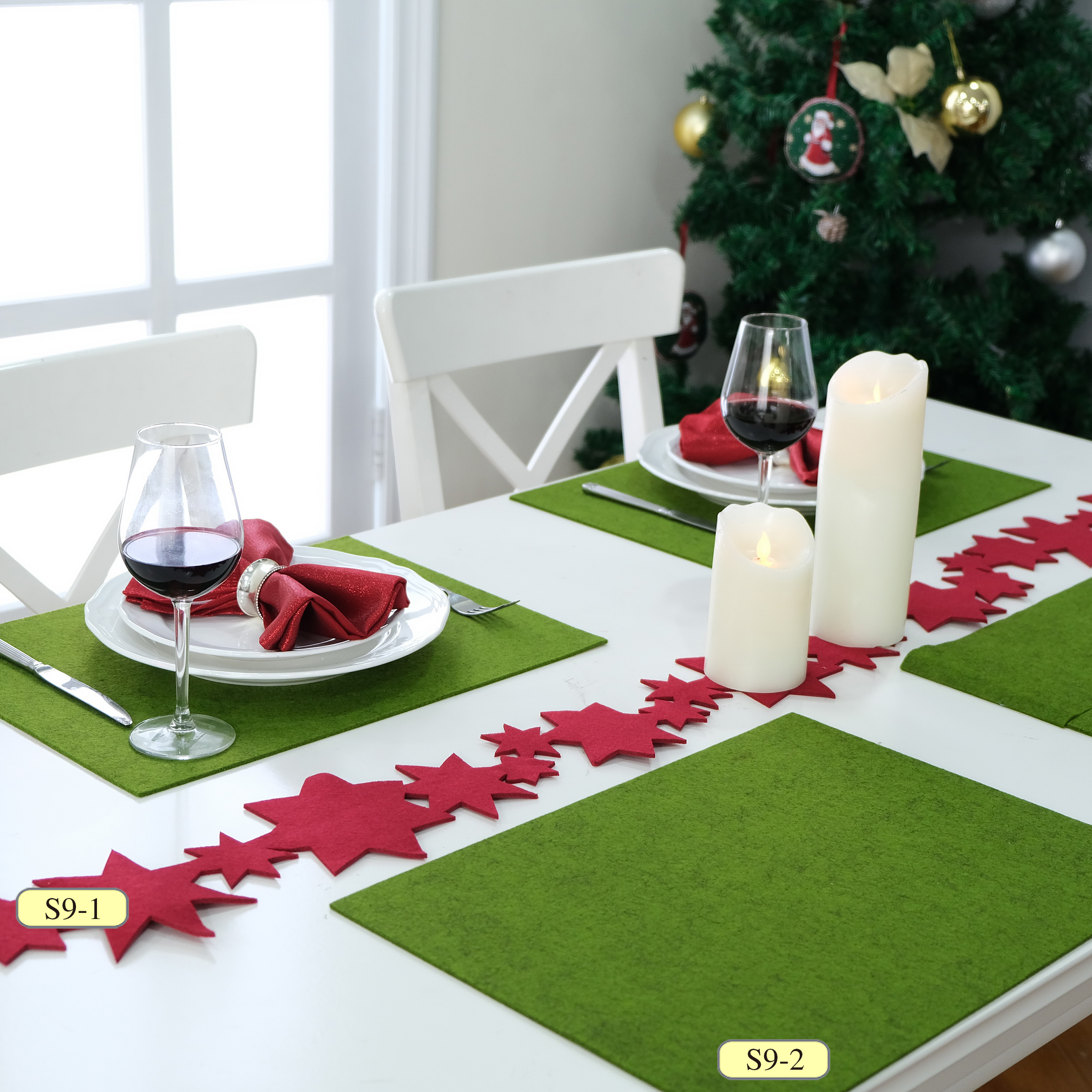 Christmas holiday polyester felt runner/placemat,plain dyed,dope dyed, punched edge,rectangle,round,laser cut design.4pcs/set for placemat,perfect table decoration for christmas season