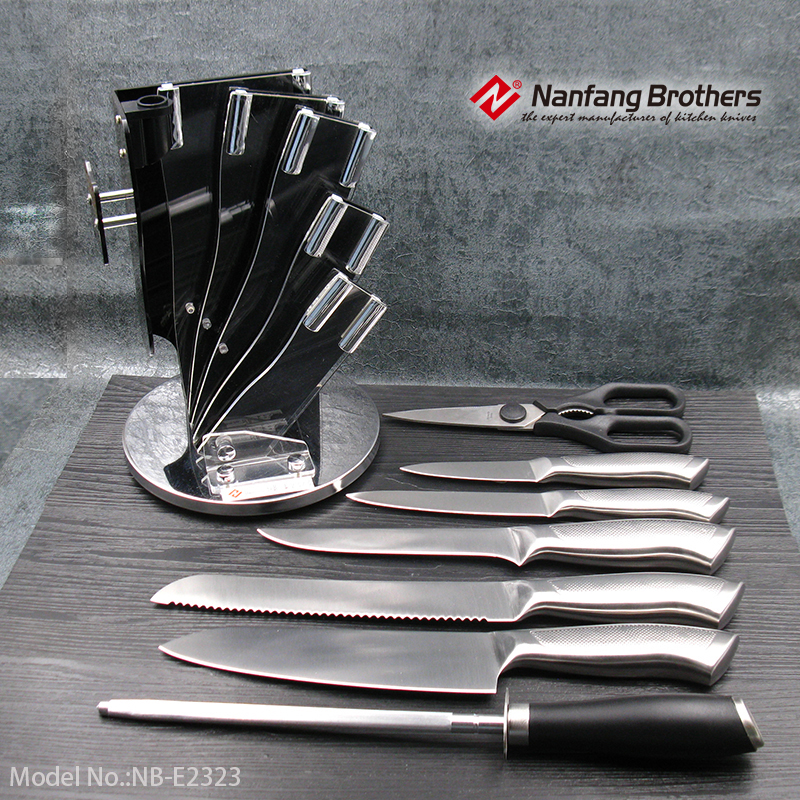 8-piece kitchen knives set with Rotating Acrylic block & SS hollow handle.