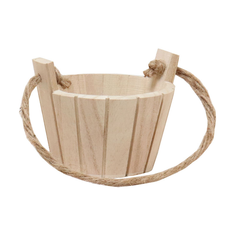 Solid wood home decorative wooden bucket with rope handle
