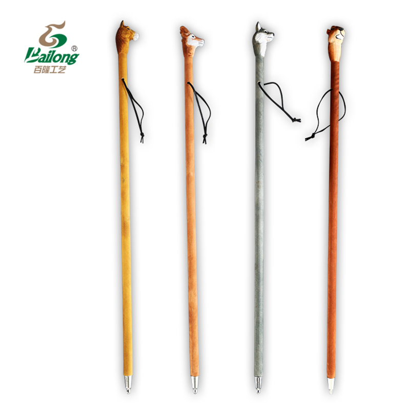 Factory Custom Painted Wooden Carved Animal Hiking Stick With Metal Tip
