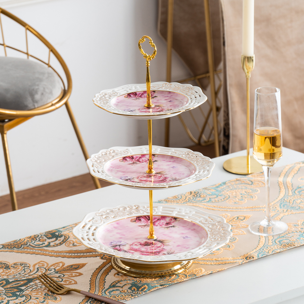 Restaurant used 3 layers desert plates custom pattern ceramic cake stand