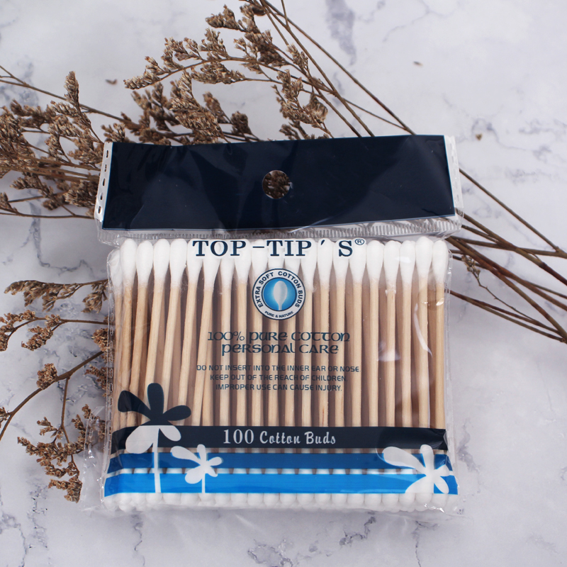 Wood cotton buds in printed SOB bag