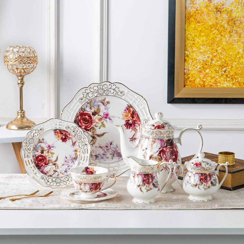 Embossed modern new bone china fancy cup flower 24pcs coffee tea set porcelain