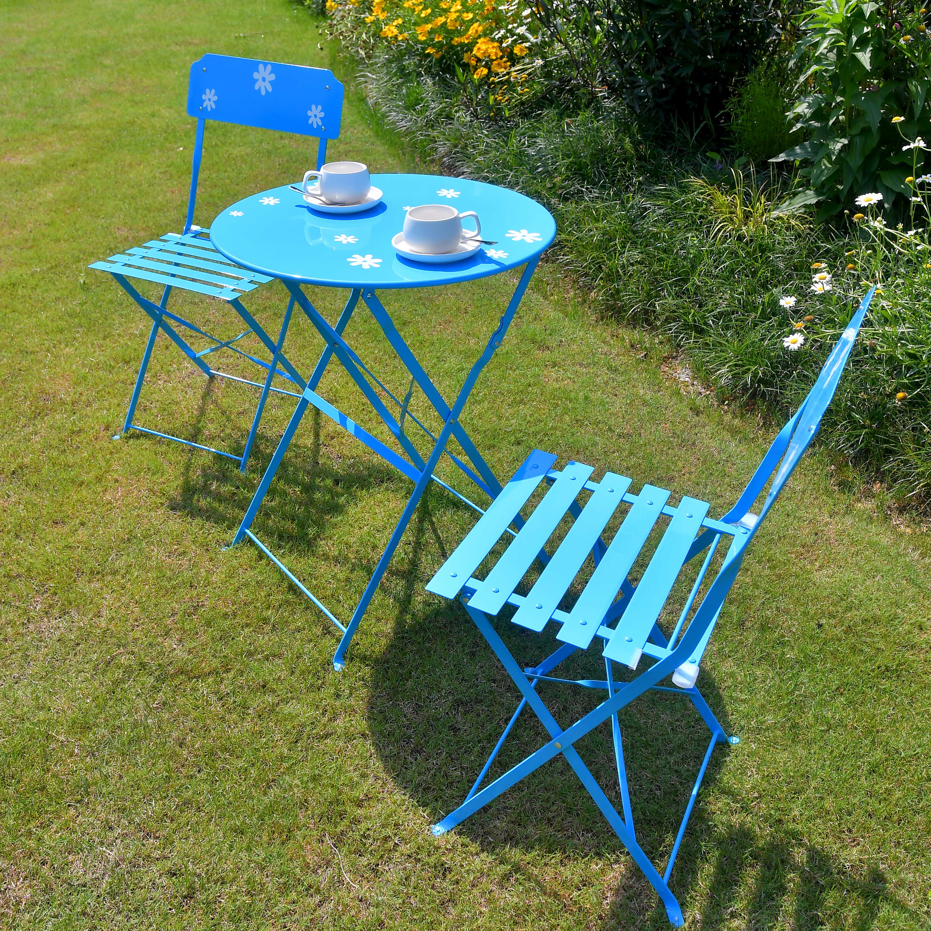3-Piece Floral Metal Bistro Set - Outdoor Conversation Set for Patio, Yard, Garden - Blue