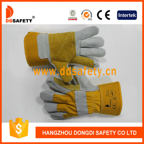 Yellow double palm cow split leather glove,anti abrasion,anti pouncture