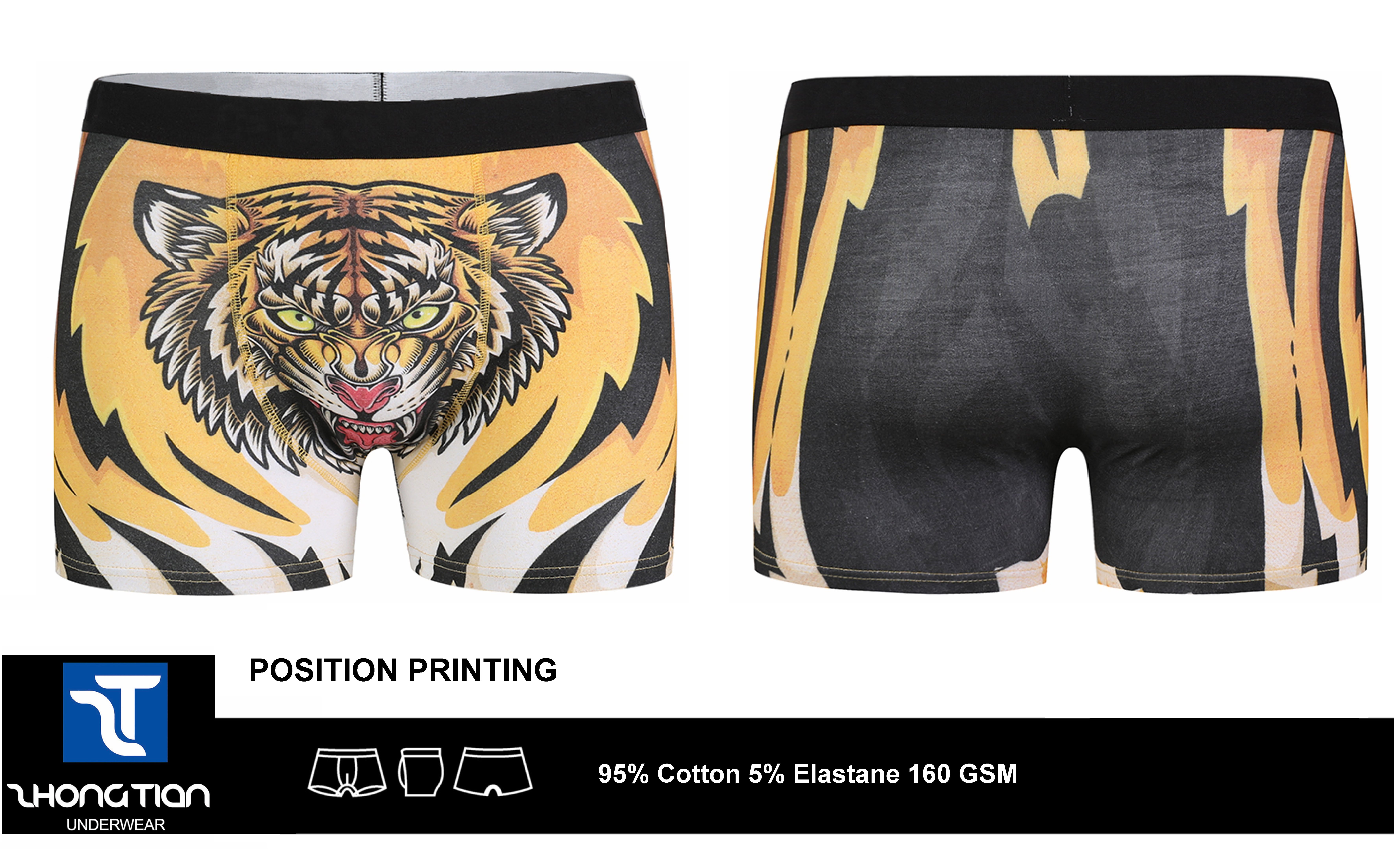 boxer,trunk, cotton stretch，tiger, position printing