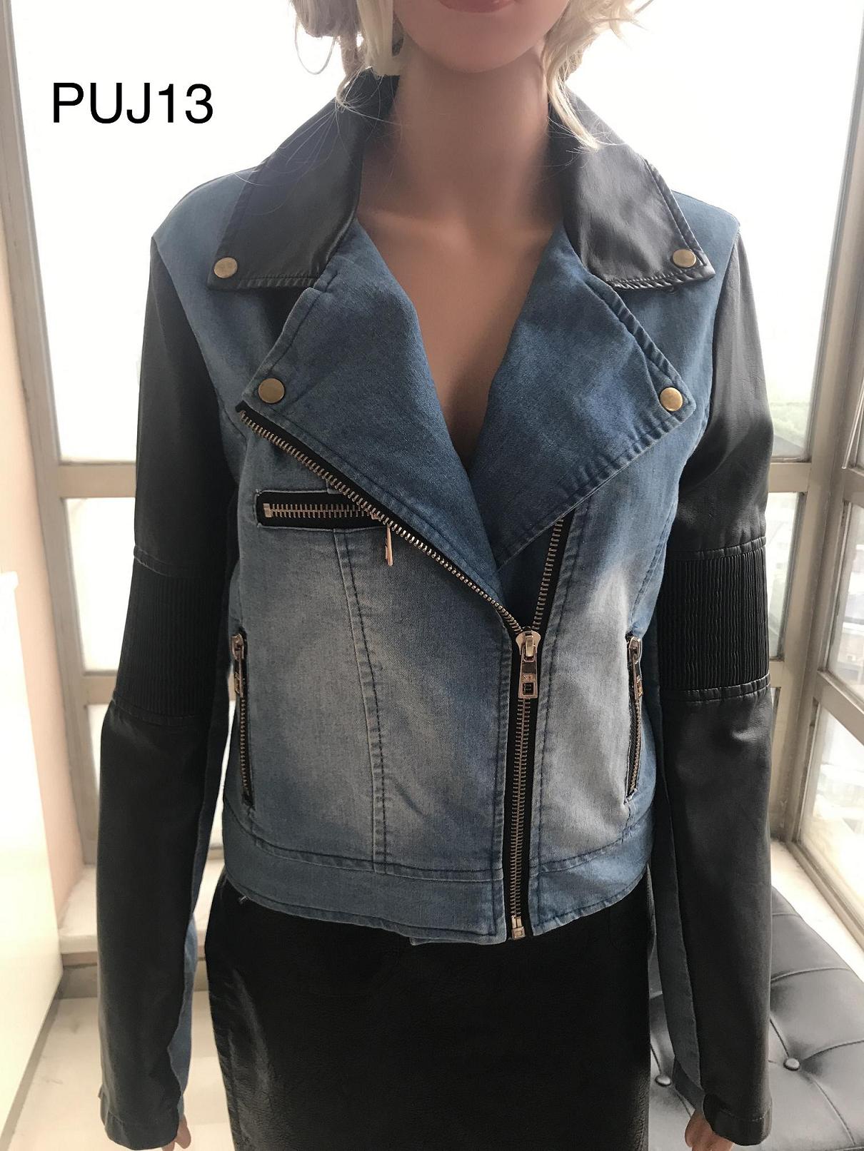 Ladies Print Embroider With Denim Pu Jacket