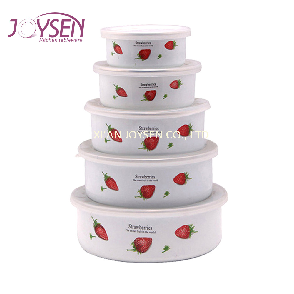 Enamel storage bowl set Plain color with print, flat bottom