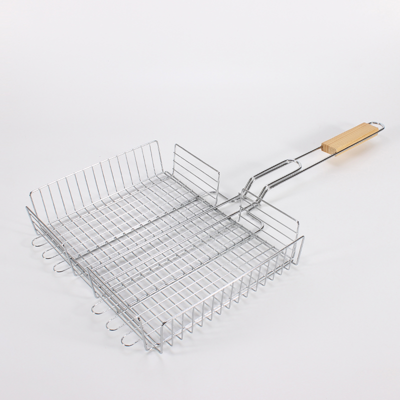 Amazon Hot Sale BBQ Grill Basket/BBQ Net with Non-stick Coating in wood handle Yangjiang Sabre