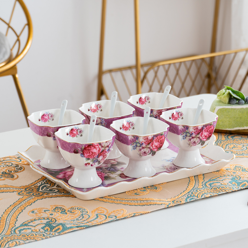 Decal Flower shape ceramic icecream cup with spoon set
