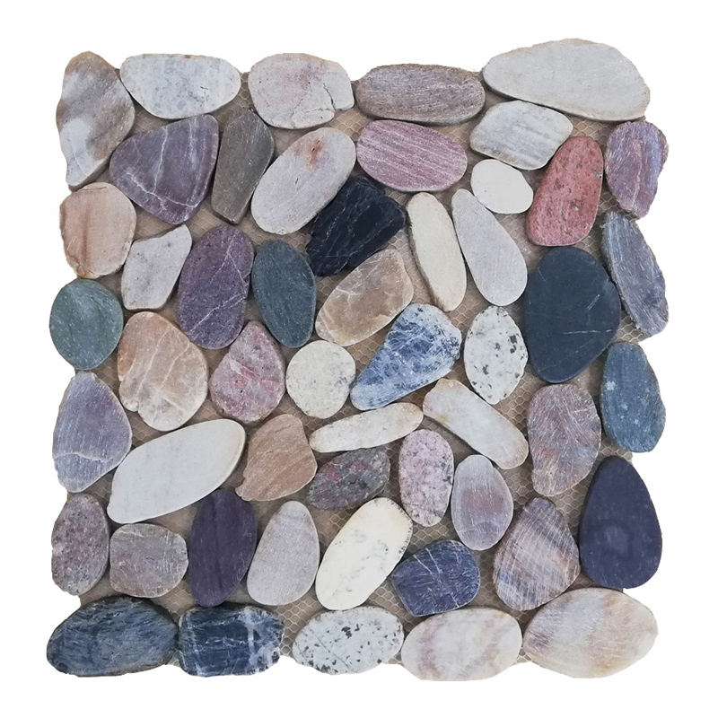 Natural Mix Color Pebble Stone On Mesh For Floor And Garden